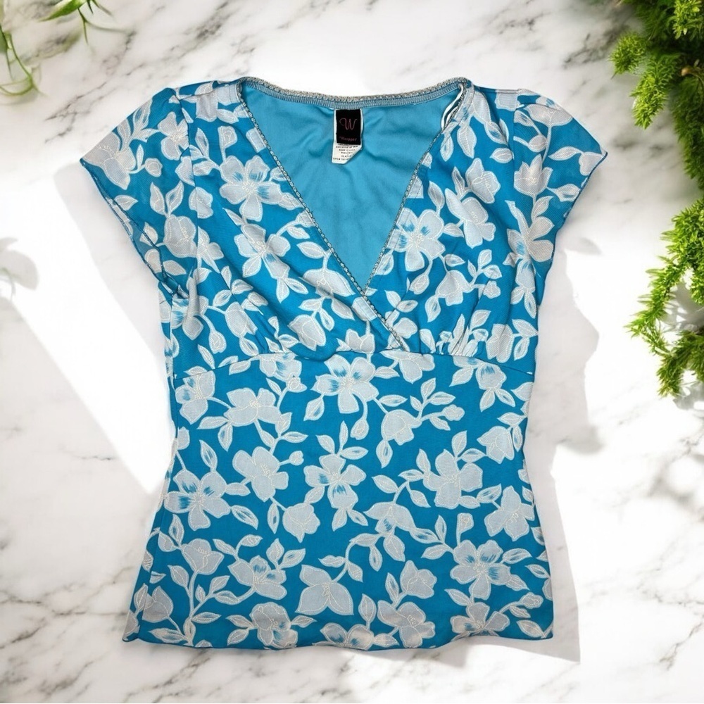 Vintage Y2K Teal Blue Floral Empire Waist V Neck Top Blouse Size L